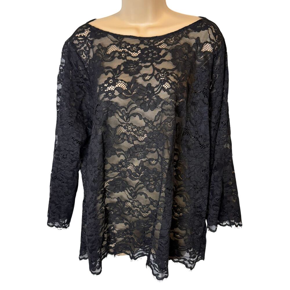 A’NUE LIGNE Black Lace Top L1 Large Floral Blouse Bell‎ Sleeve Whimsigoth Goth